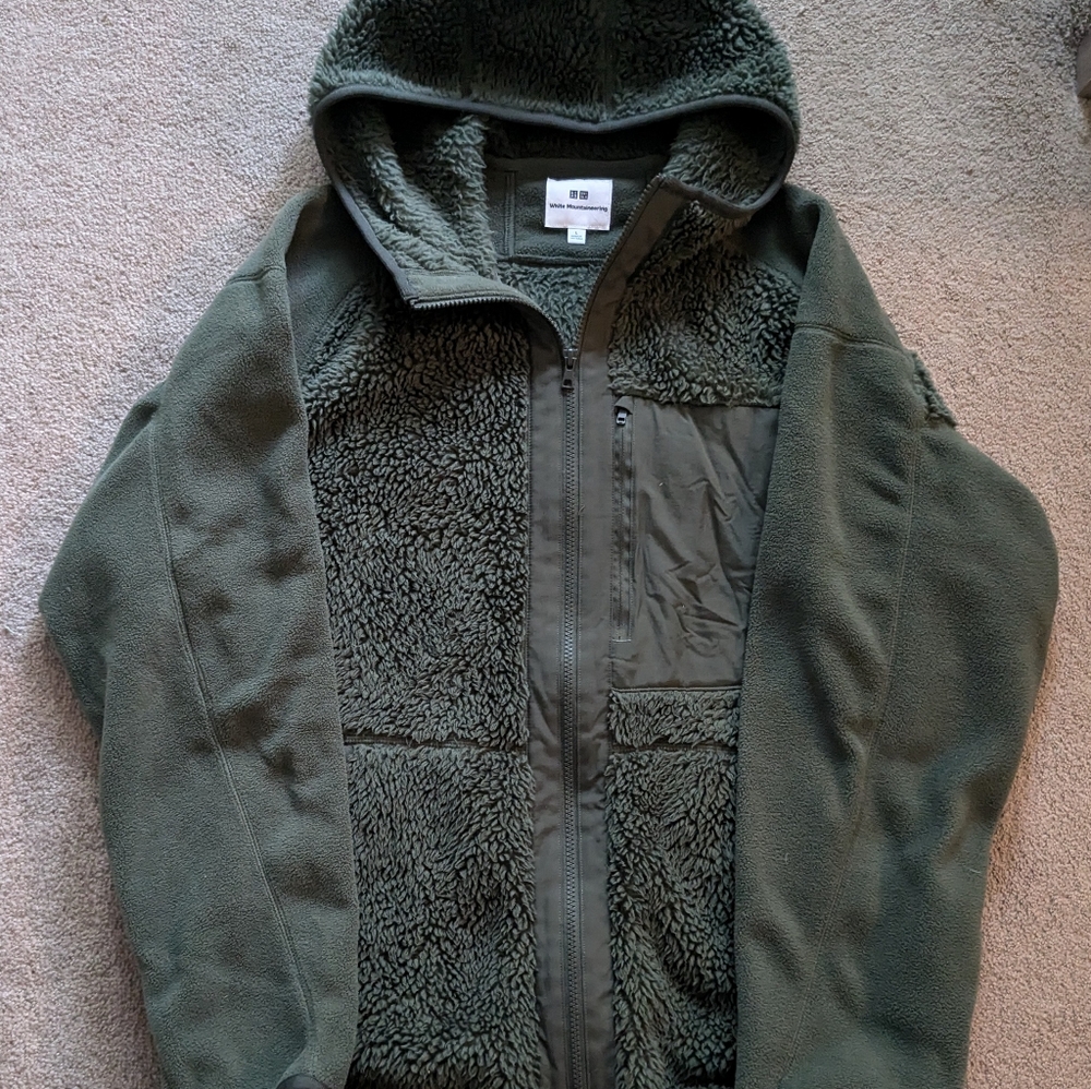 White Mountaineering x Uniqlo Olive Fleece Full-Zip Jacket with Hood Mens Large